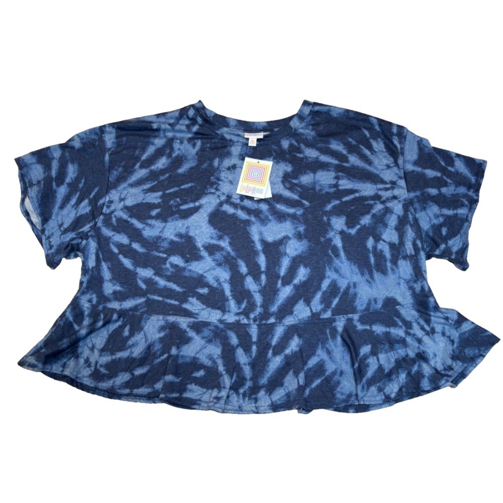 LuLaRoe Womens Top Size 3XL June Ruffle Hem Rayon Blend Dark Blue Tie Dye NWT